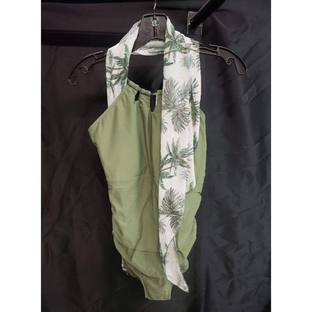 Girls Green One Piece Swimsuit Palm Tree Scarf Wrap Size 17-18Y
